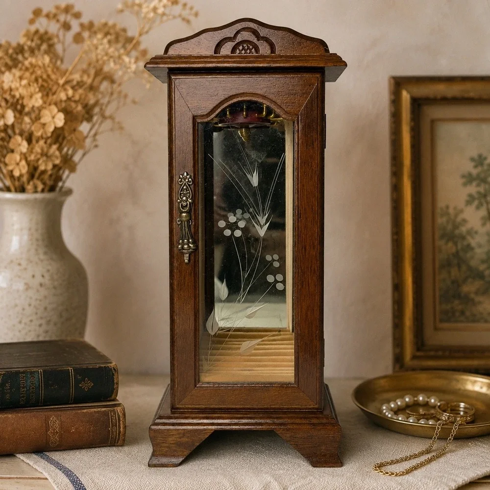Vintage Wood Jewelry Cabinet Necklace Carousel Etched Glass Mirrored Ring Holder